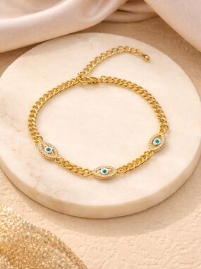 Gold And Rhinestone Evil Eye Chain Bracelet